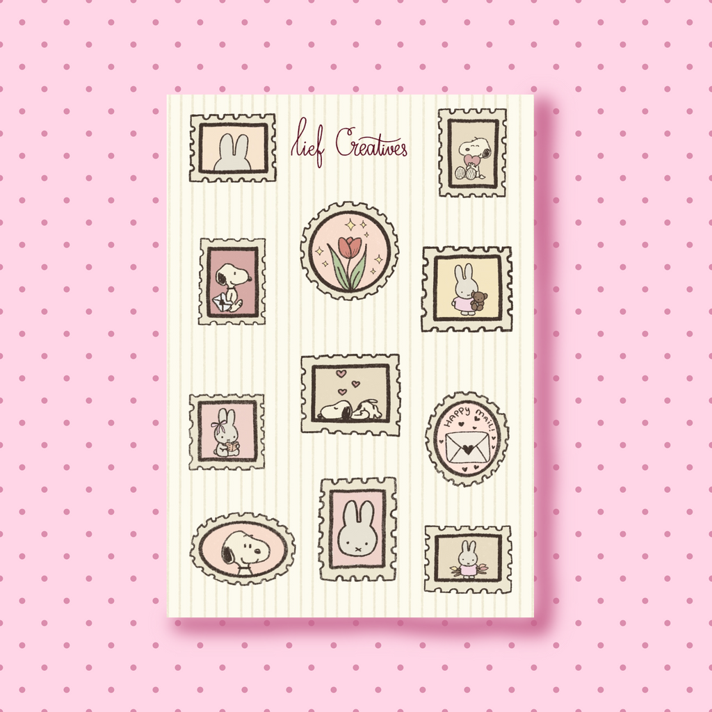 Bunny & dog stamps sticker sheet A6