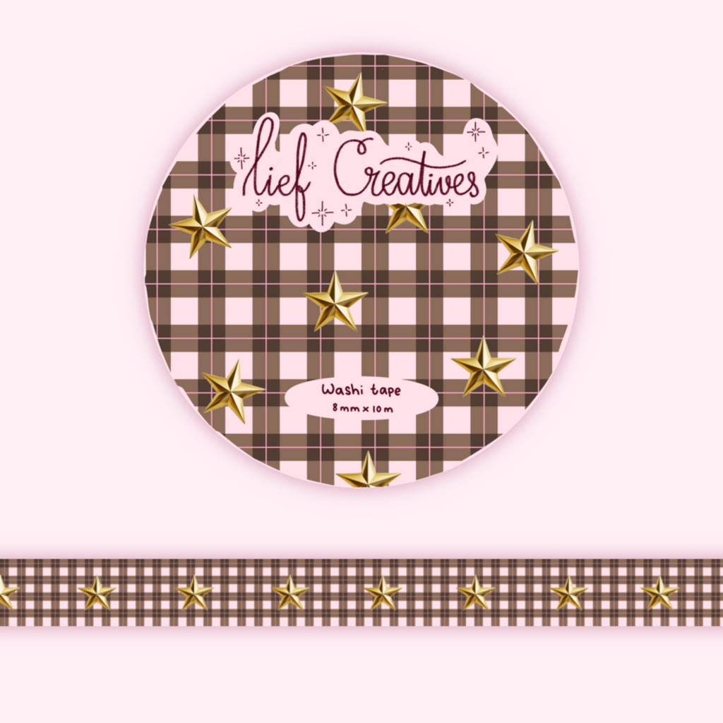 Pink + brown gingham stars washi tape