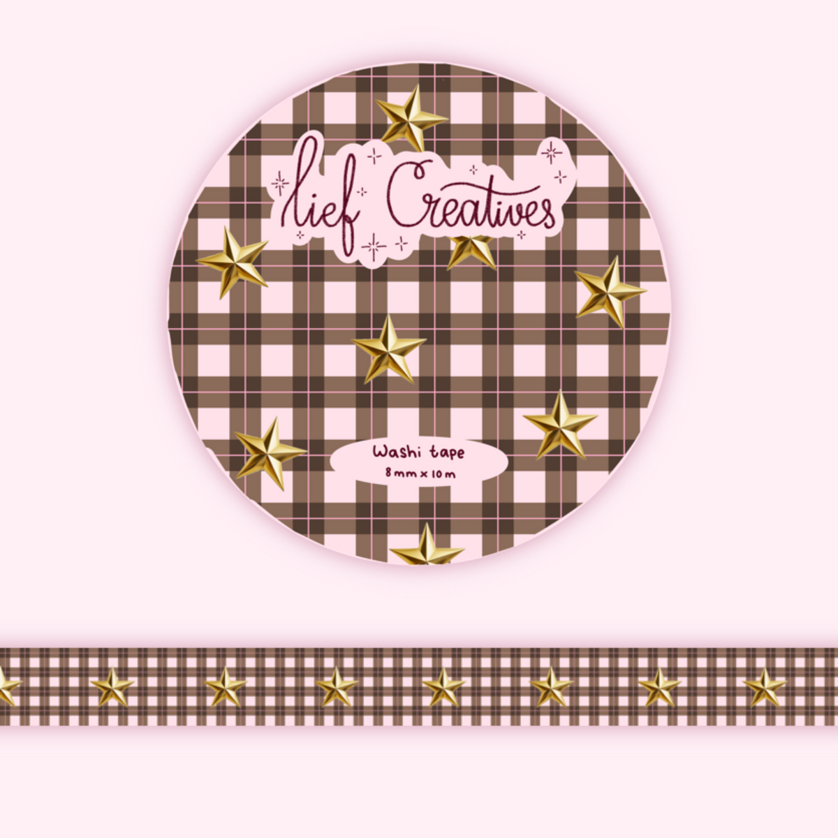 Pink + brown gingham stars washi tape